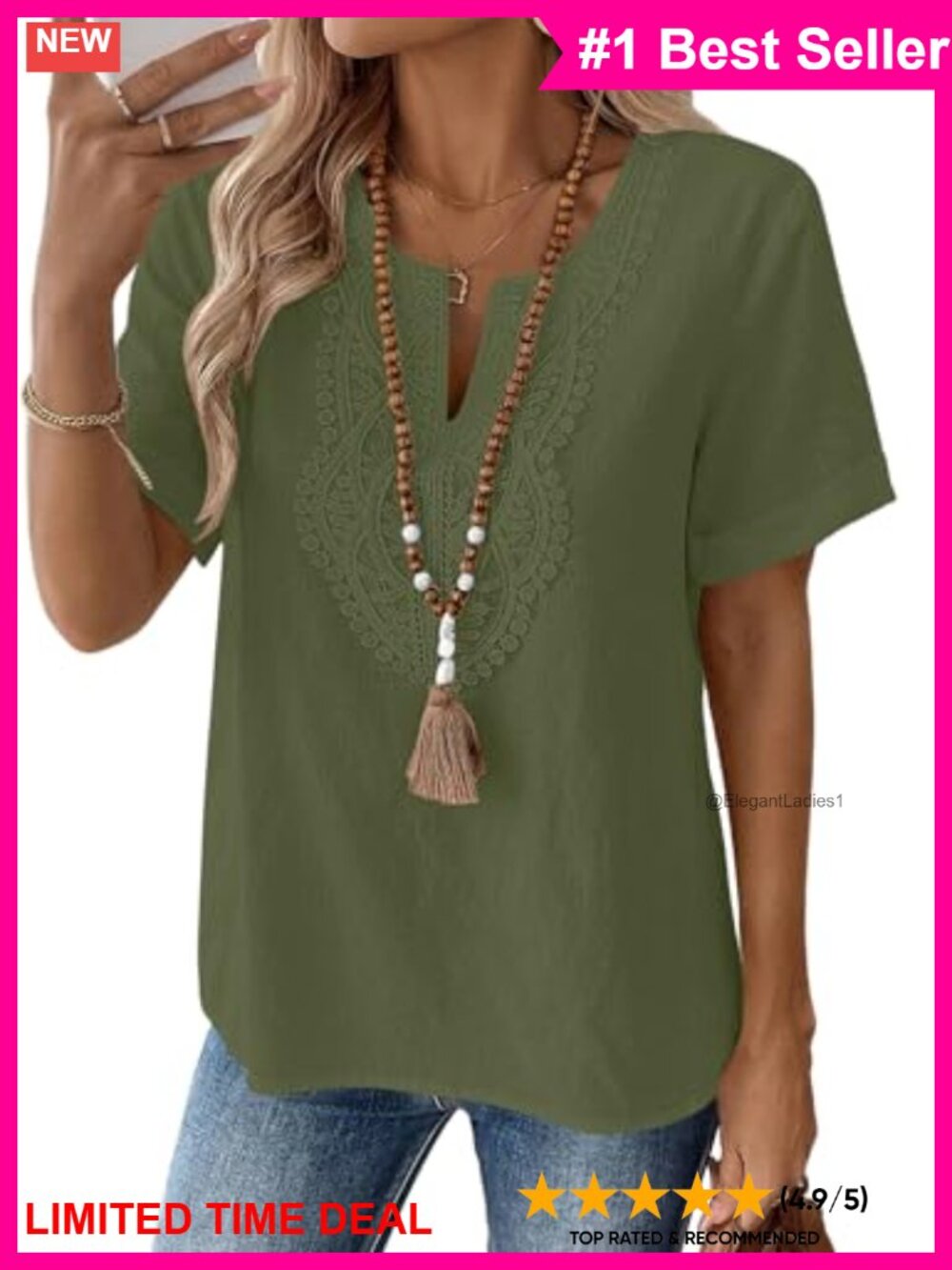 Cotton Linen V-Neck Lace Detail Short Sleeve Tunic Top Loose Fit